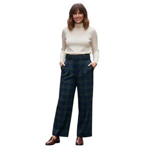 Loft Tartan Plaid Blue Green Wide Leg Belted Career 2023 Pleated Pants Size 8